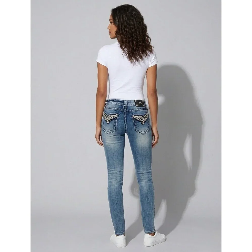 Miss Me Rhinestone Wing Distressed Skinny Jeans | McBling Y2K Early 2010s Tumblr - Picture 15 of 16